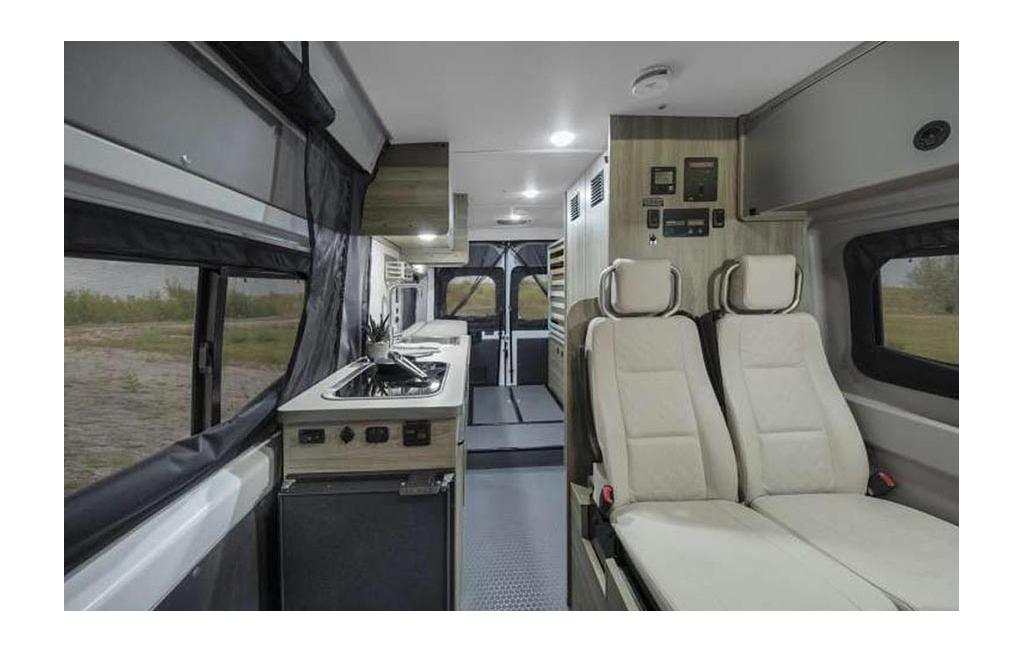 Interior of Winnebago Solis with automotive-grade seating.