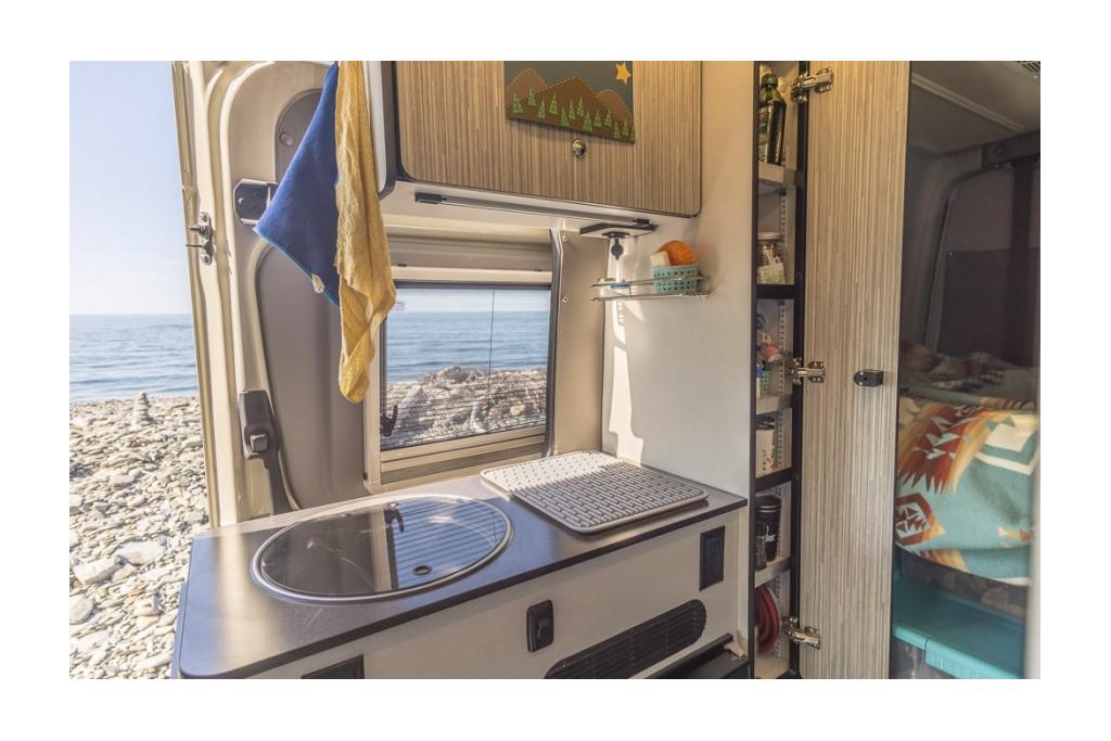 Detail view of Winnebago Galley and added homemade pantry shelves
