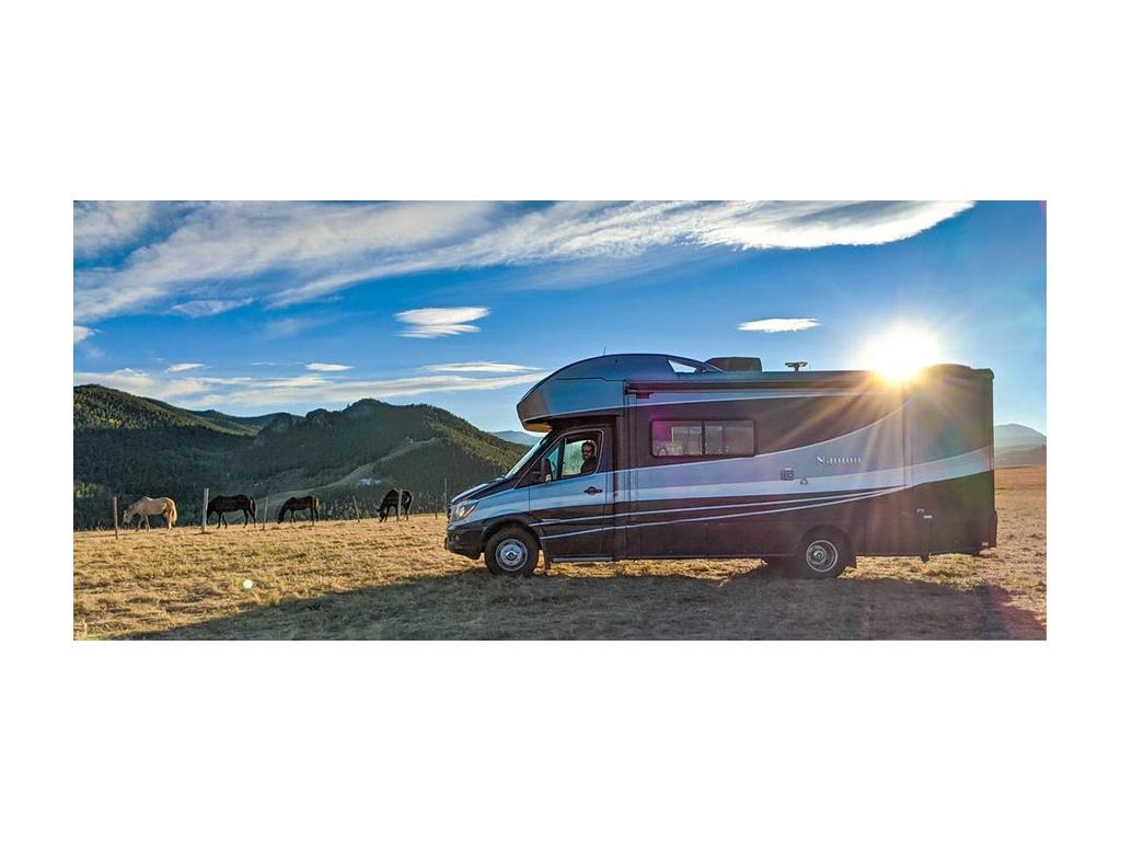 Howard in Navion parked on grass near horses