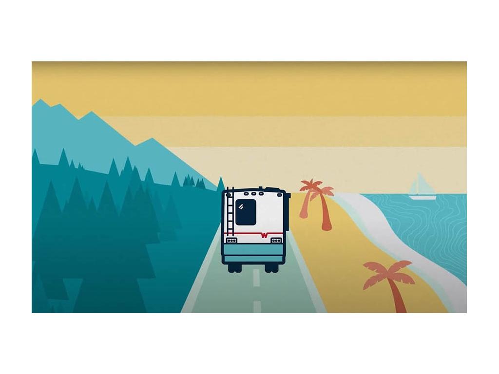 Cartoon Winnebago driving down road next to beach