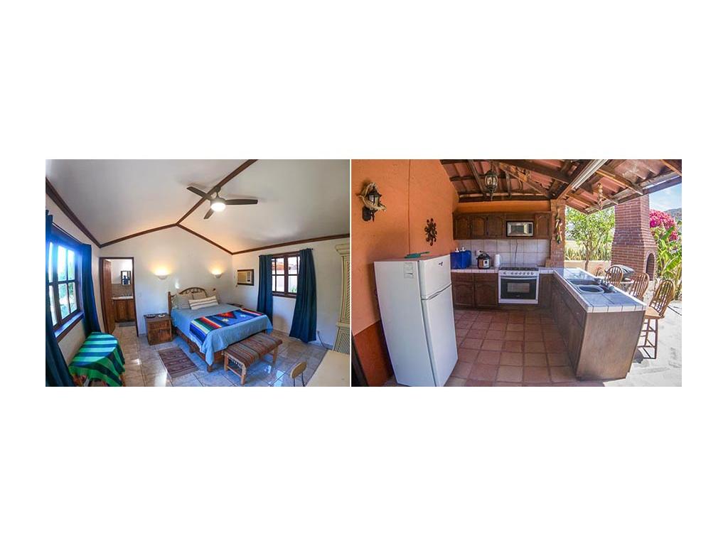 Interior shot of bedroom and exterior shot of outdoor kitchen