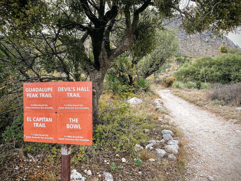 Trail information at the start of a trail up the Guadalupe Mountains