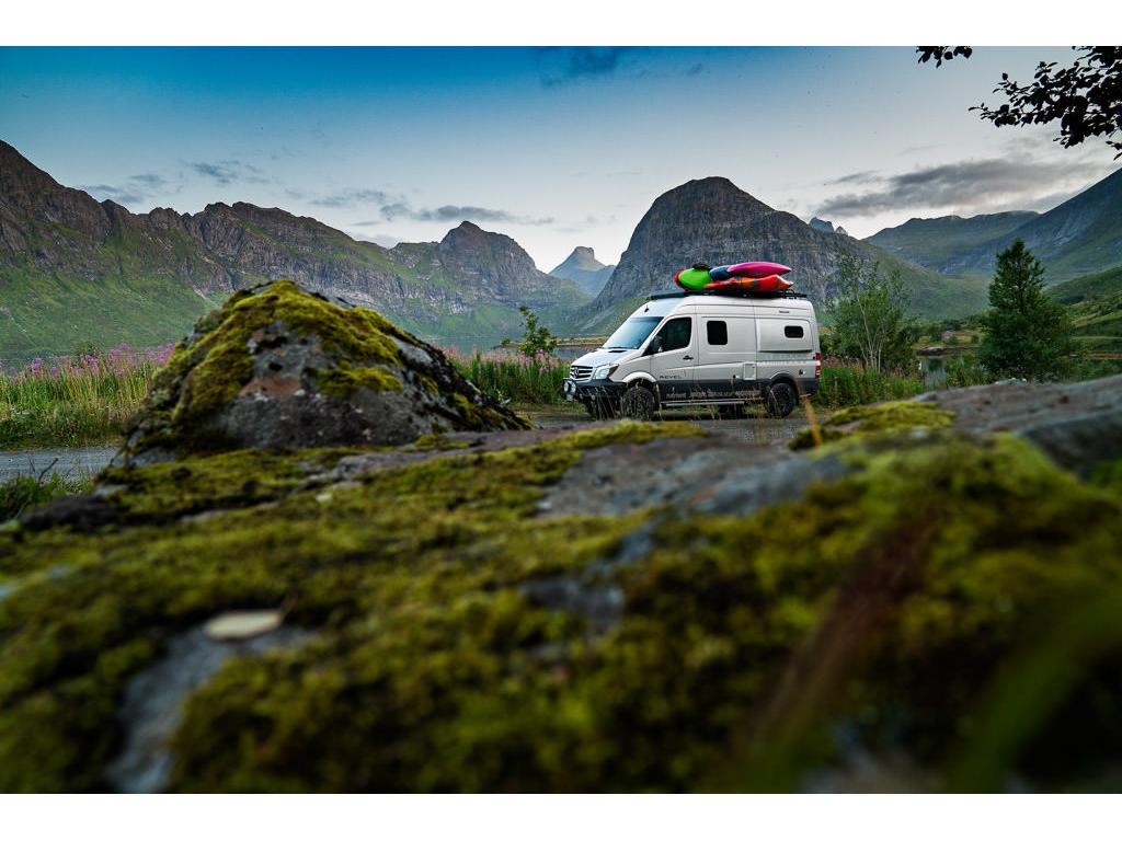 Winnebago Revel boon docking in rugged landscape in Norway