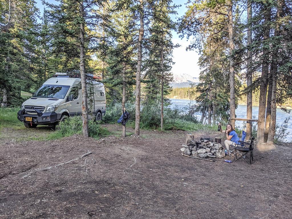 Winnebago Revel parked at site in Saskatchewan River Crossing in Alberta, Canada
