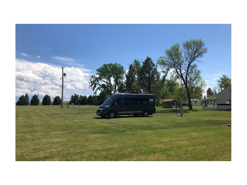 Novella, Sue's Winnebago Travato, parked in grass near trees.