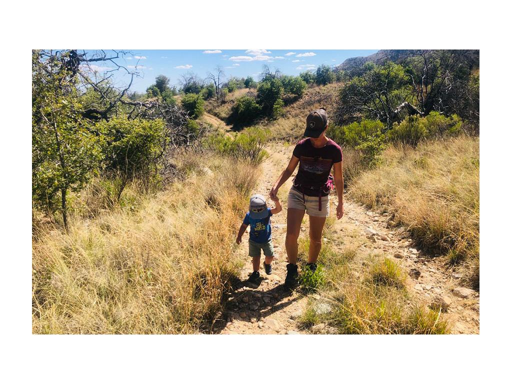 Brittany and Caspian holding hands while hiking