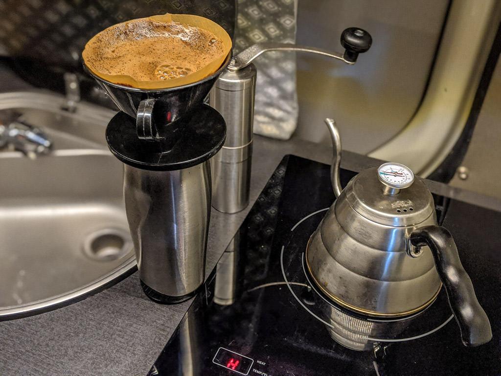 Pour over coffee maker and kettle on kitchen counter