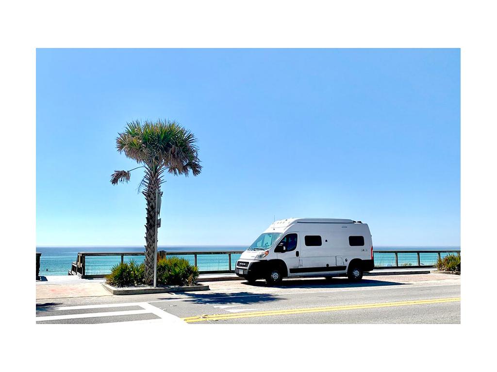 Solis pulled over on the side of the road next to blue water and a palm tree