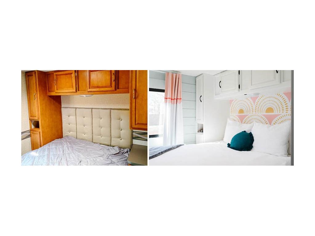 White paneling and white bed in renovated Minnie Winnie