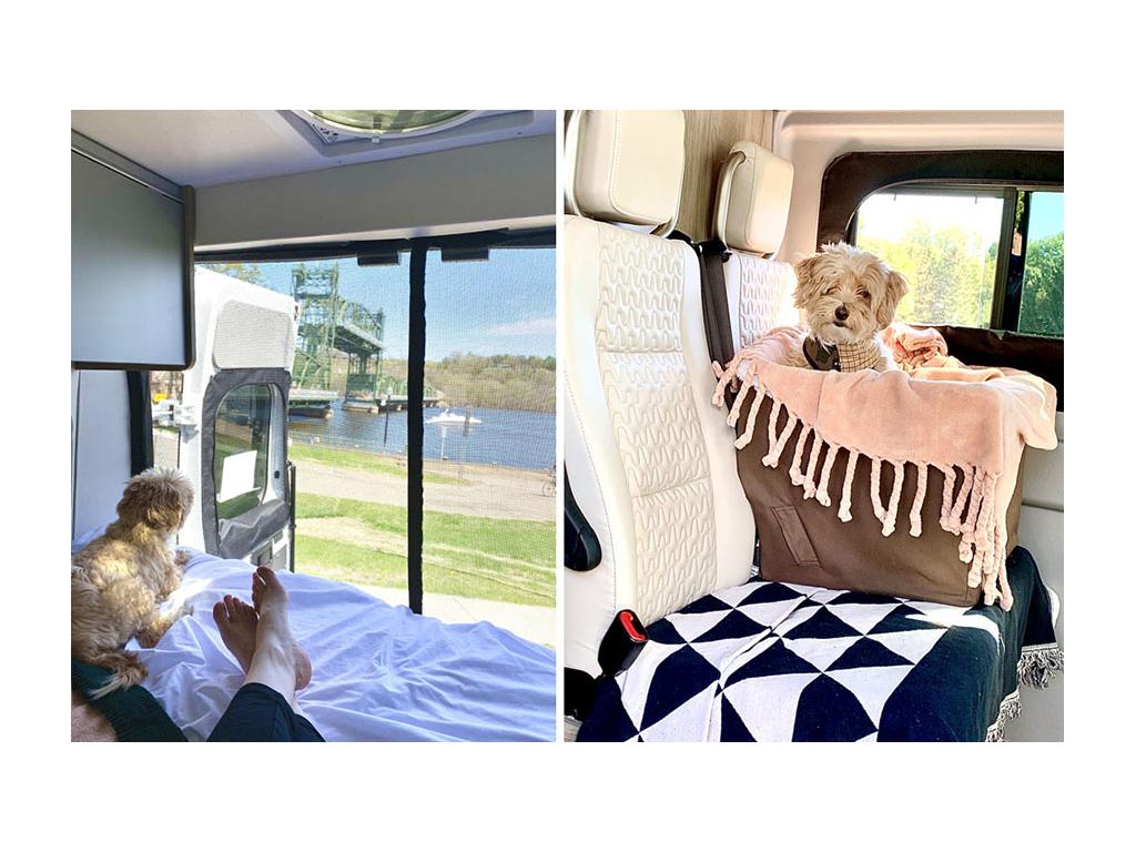 First photo: Shot of dog and Lindsey's feet sitting on bed looking out back doors. Second photo: Dog sitting in basket on dinette seats on top of a pink blanket
