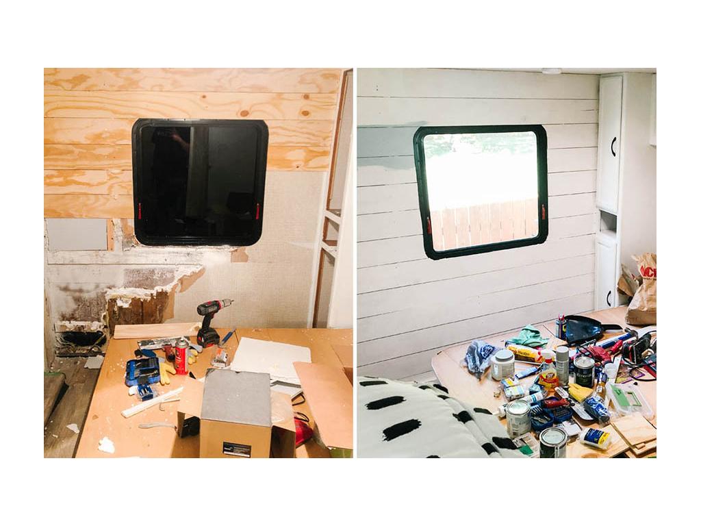 White paneling on interior of Minnie Winnie