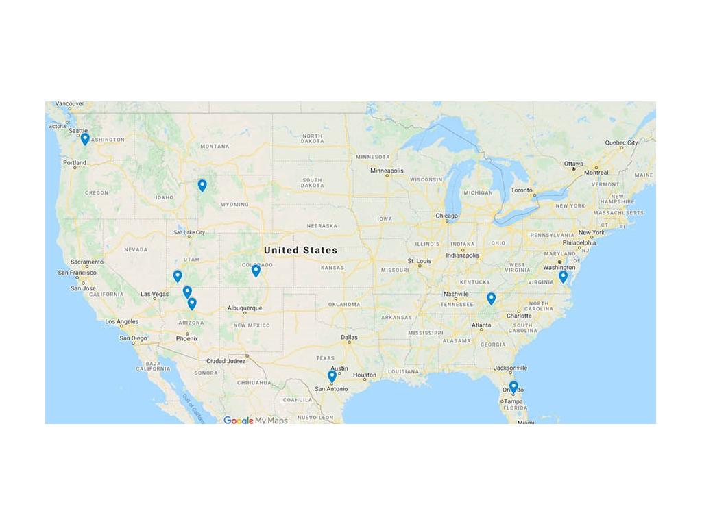 Screenshot of map with pinned destinations