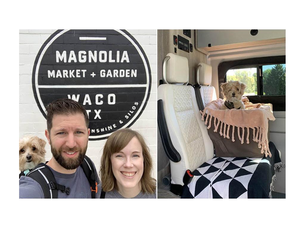 First photo: Lindsey and Dan in front of Magnolia sign in Waco, TX. Dan has their dog, Digger, in a backpack. Second photo: Digger sitting in booster chair on bench seat.