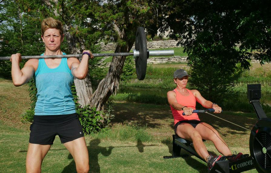 Ann and Lin working out with barbell and rowing machine
