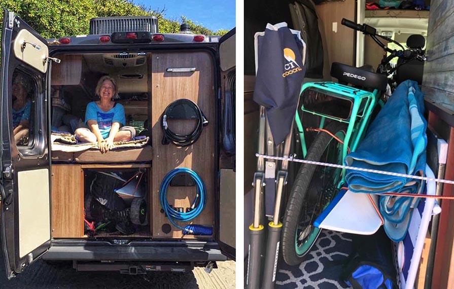 Carole sitting on bed of her Travato 59G showing off gear storage under bed