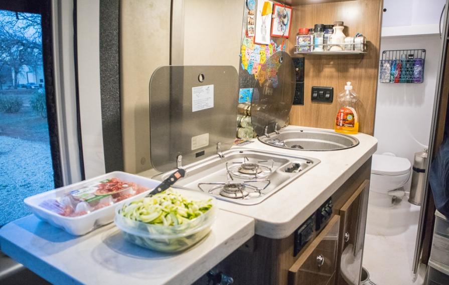 Kitchen area in the Winnebago Travato.