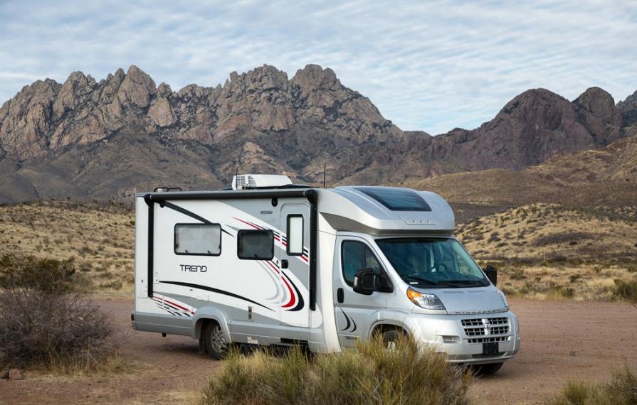 Winnebago Trend 3/4 view in mountainous, desert area