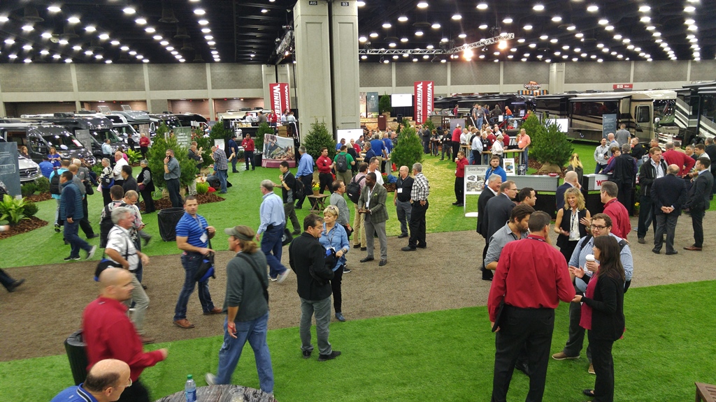 Wide view of Winnebago Display at the RVIA trade show in Louisville, Kentucky