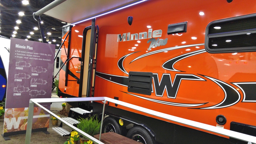 Side view exterior of a Winnebago Minnie Plus Travel Trailer 