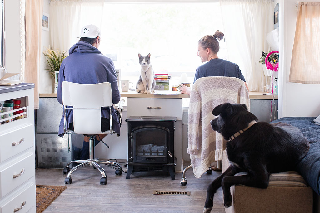 Jordan and Brittany working at a desk with cal sitting between them and their dog on the couch.