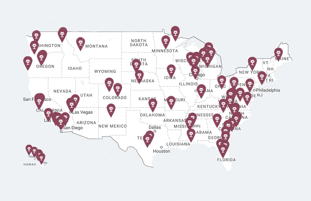 Destination markers on a map of the US.