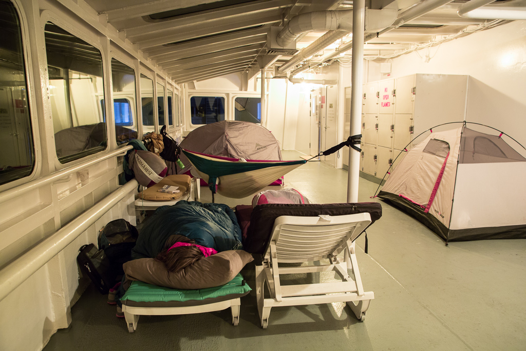 People camped out inside the ferry.
