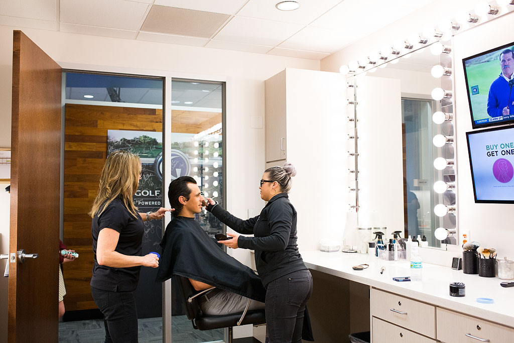 Jordan getting prepped in makeup area of the studio.
