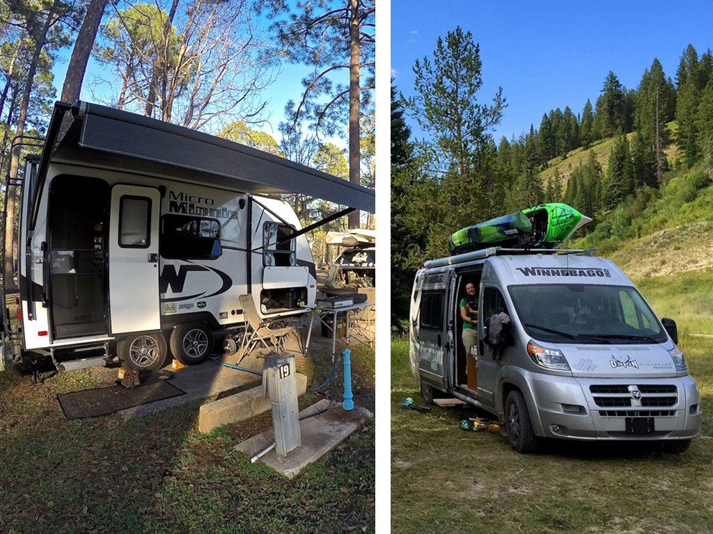 Winnebago Micro Minnie and Winnebago Travato parked in tree filled campsites. 