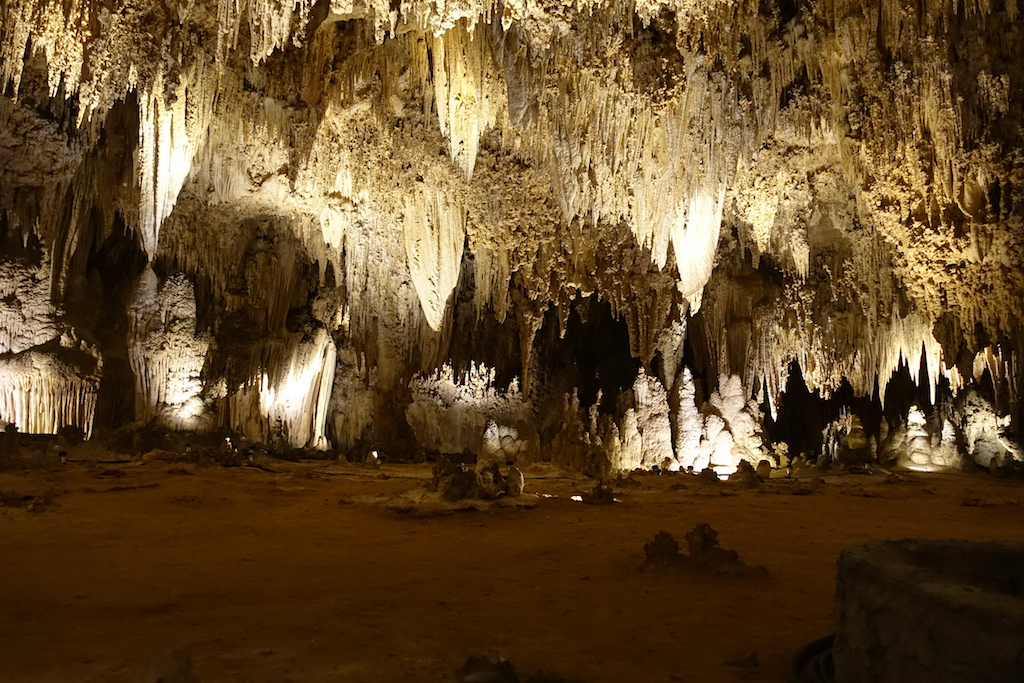 Incredible formations of stalagmites and stalactites within the cavern lit up by lights.