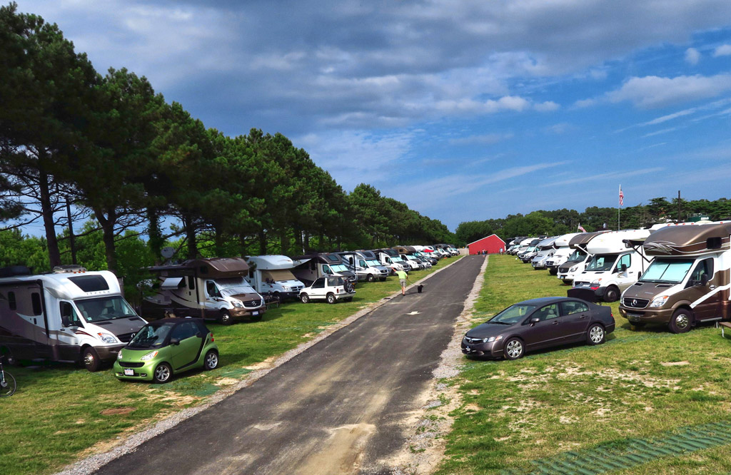 Two longs rows of Winnebago View and Navion motorhomes parked at the resort.