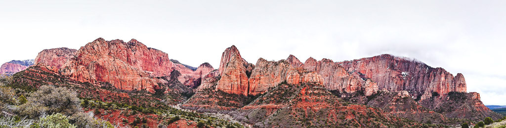 Red layered canyons of Zion National Park.