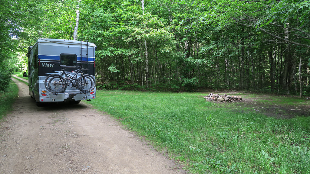 Winnebago View parked on dirt path through the forest.