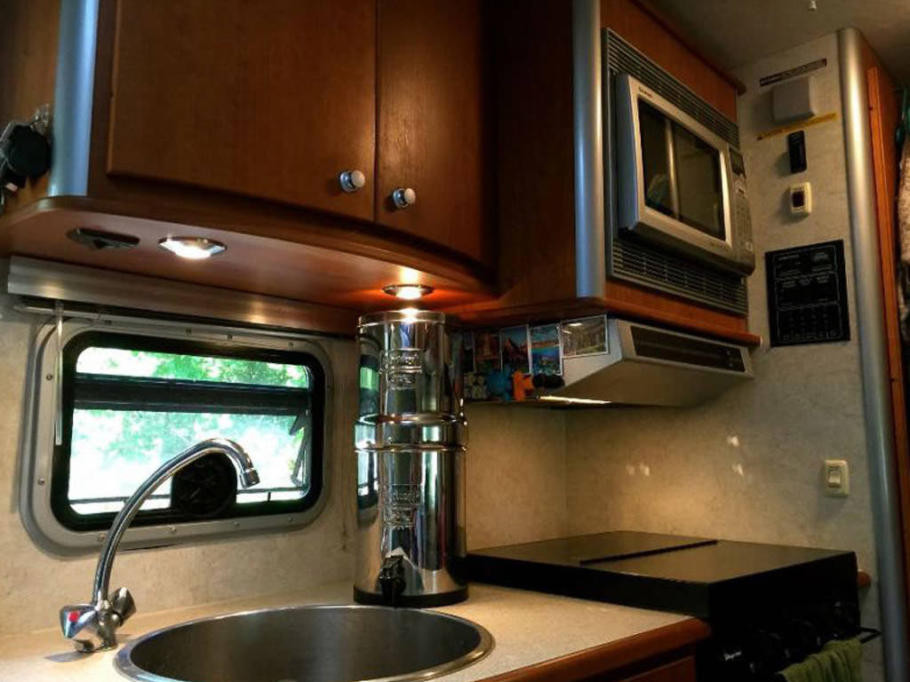 Berkey water filter situated on galley countertop of motorhome