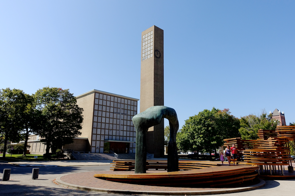 Henry Moore sculpture across from Usonian style church