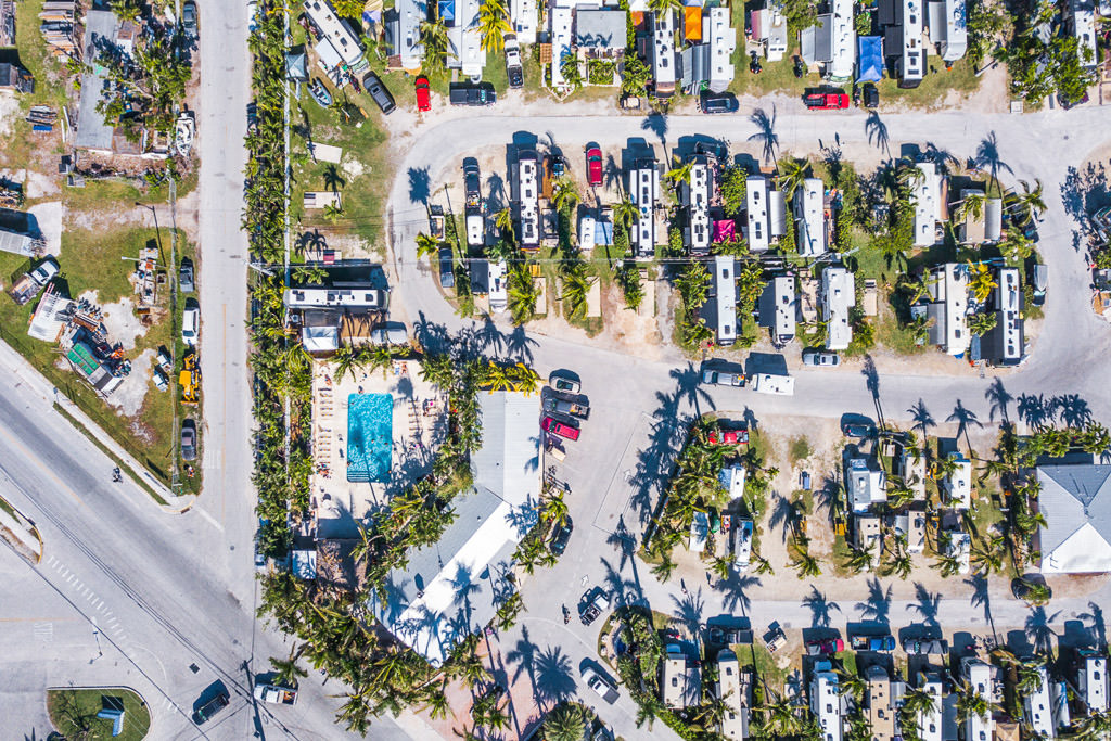 Overhead view of motorhomes parked at Boyds Key West Campground