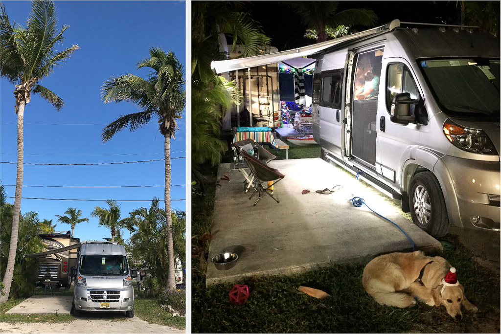 Winnebago Travato Set-Up at Boyd's campground and dog with Santa hat laying in front of the Travato