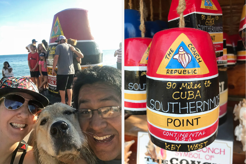 People posing in front of Southernmost Point market