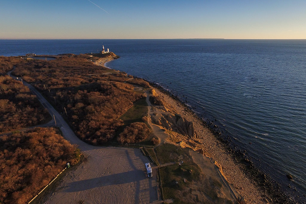 Overhead view of Winnebago View parked near Montauk Lighthouse