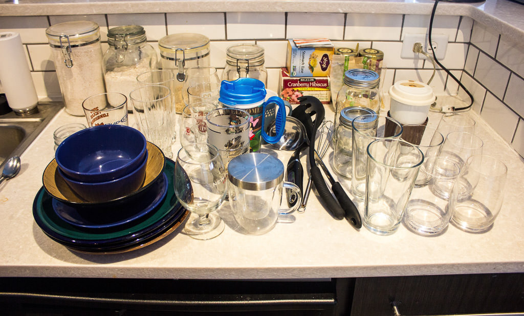Kitchen utensils laid out of kitchen counter