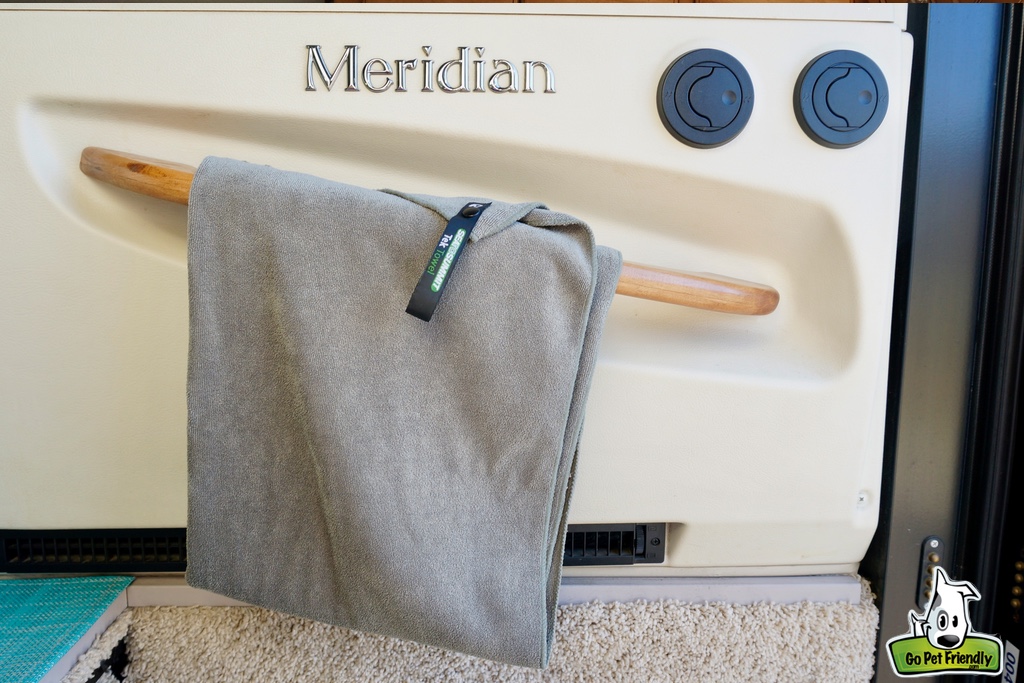 Towel hanging on door handle of RV