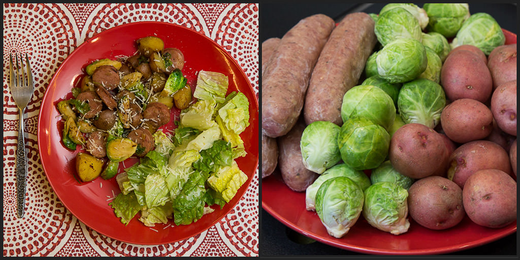 Sausage and vegetables  on a red plate