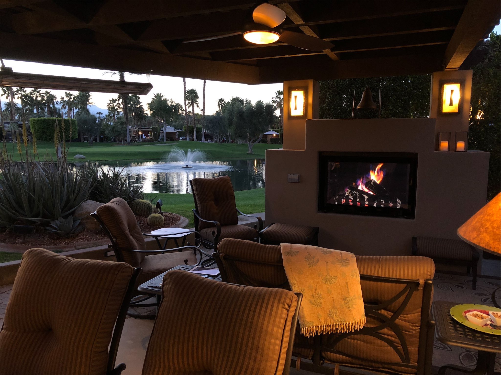 View of pond with fountain from pergola