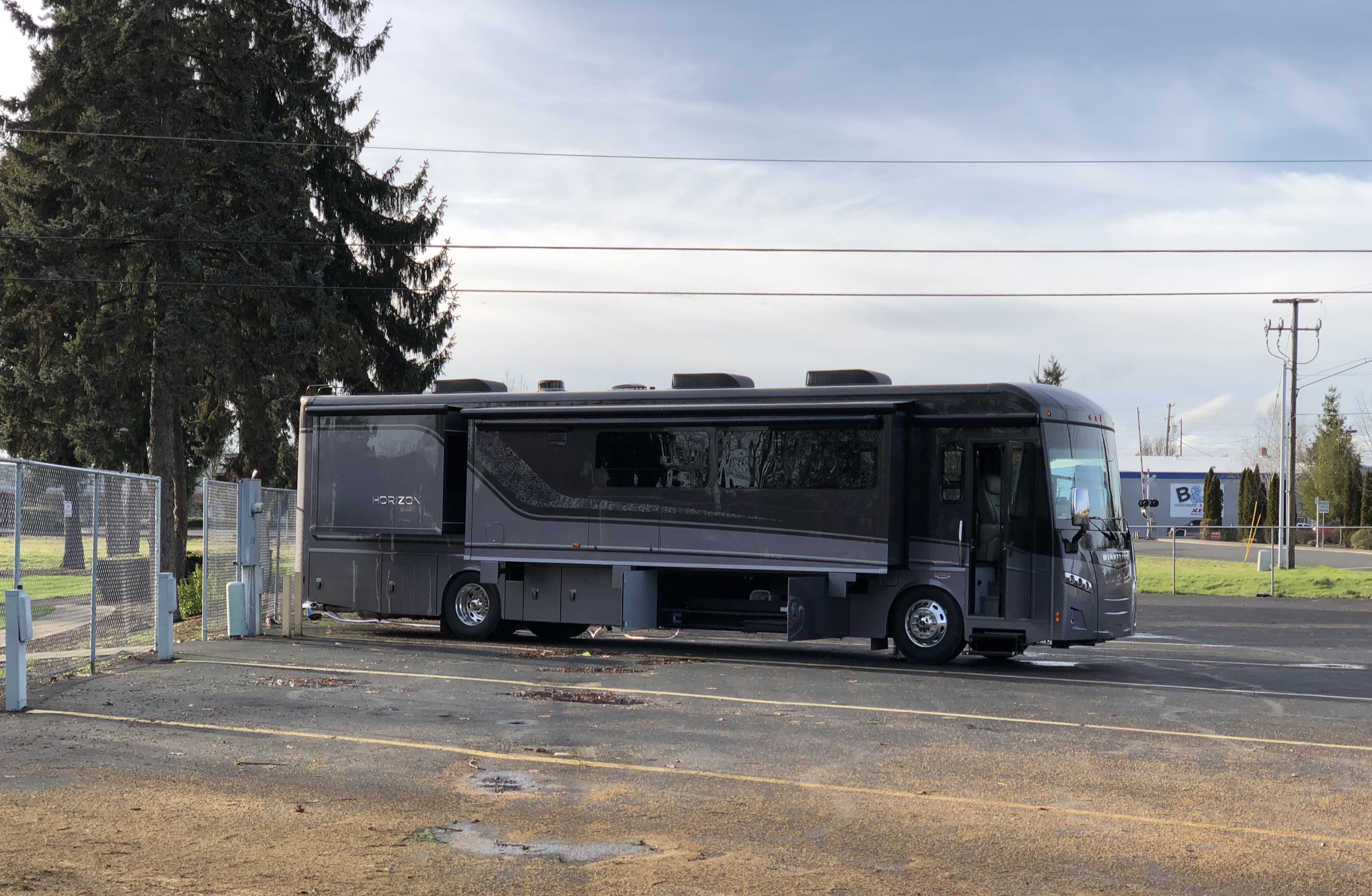 Horizon parked on pavement at Winnebago's Junction City, Oregon plant