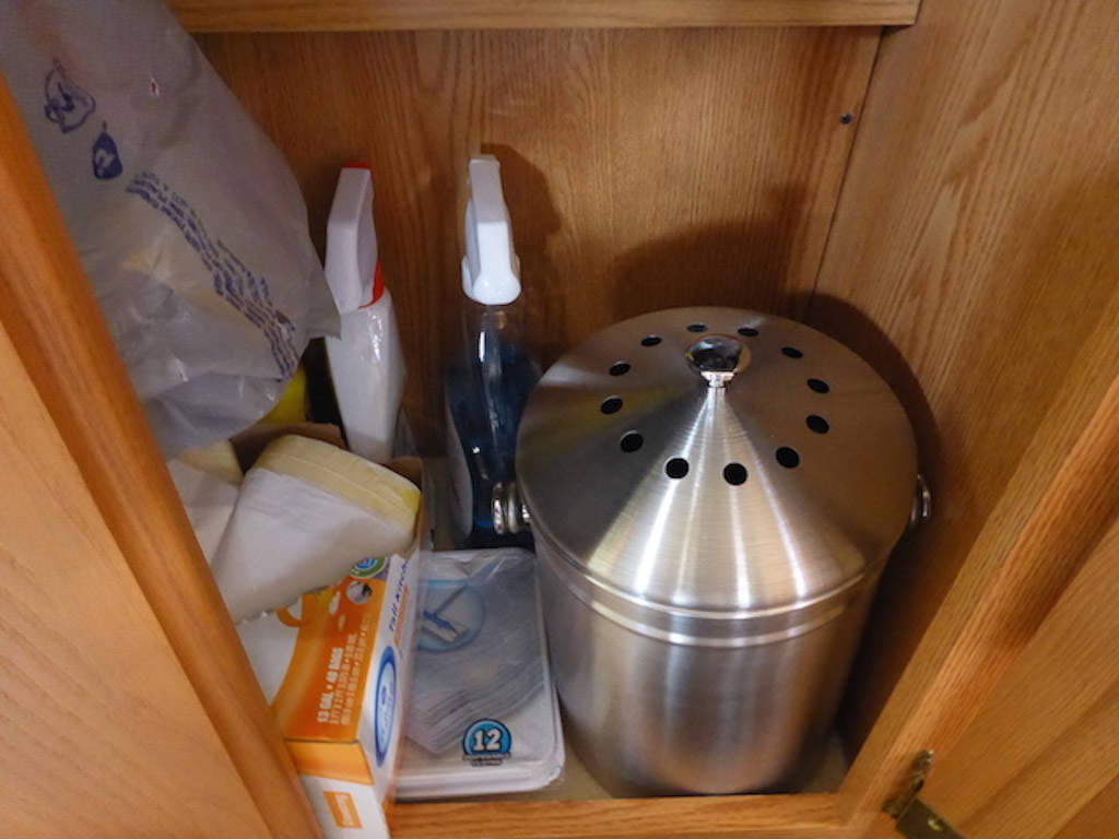 Compost bin under sink next to cleaning supplies