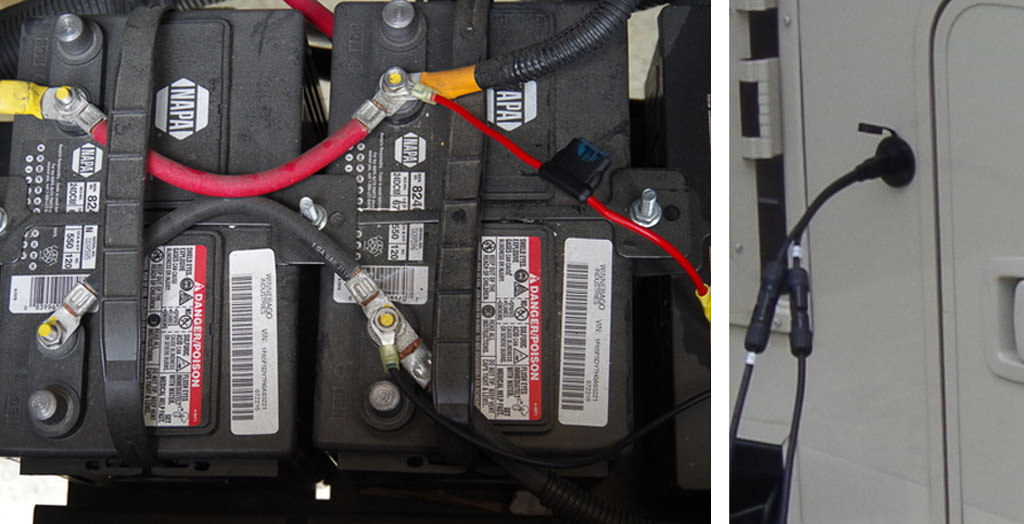 Detail view of Winnebago Sunstar battery bank and outlet of MC4-SAE adapter