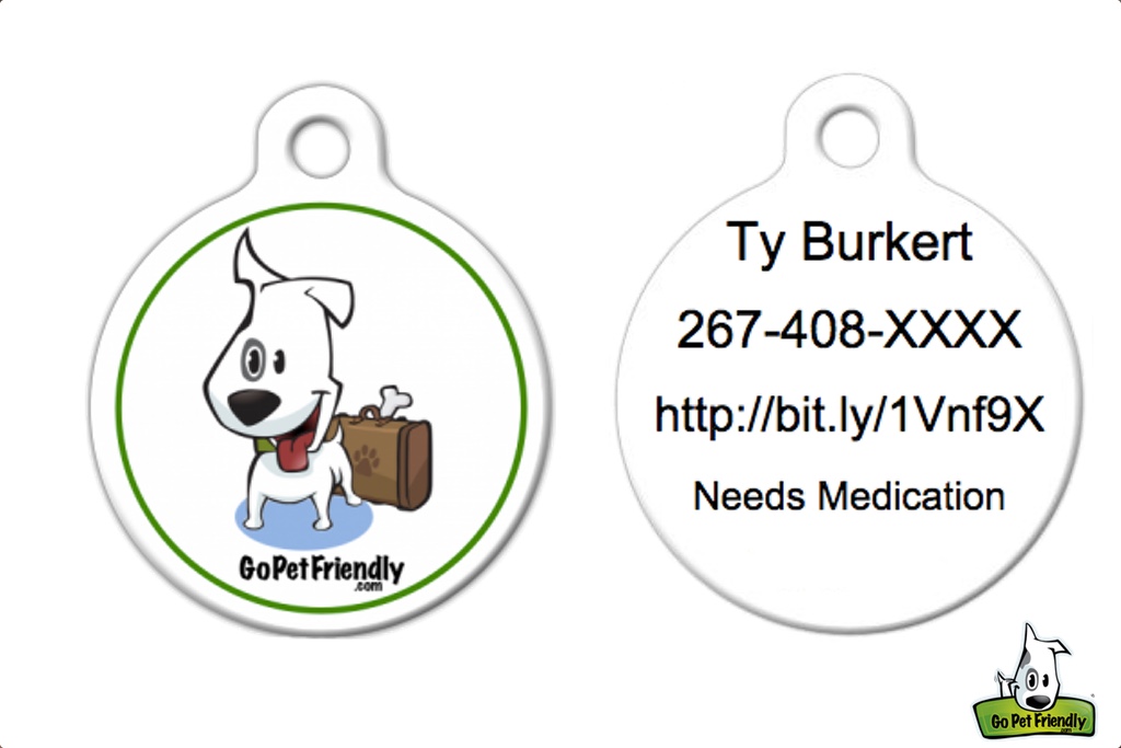 Ty's ID Tag with website, name, and phone number on back 