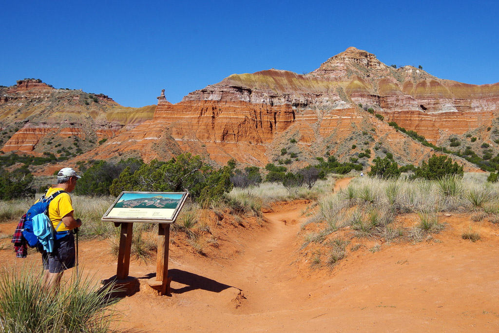 Man looking at plaque in front of rock formation.