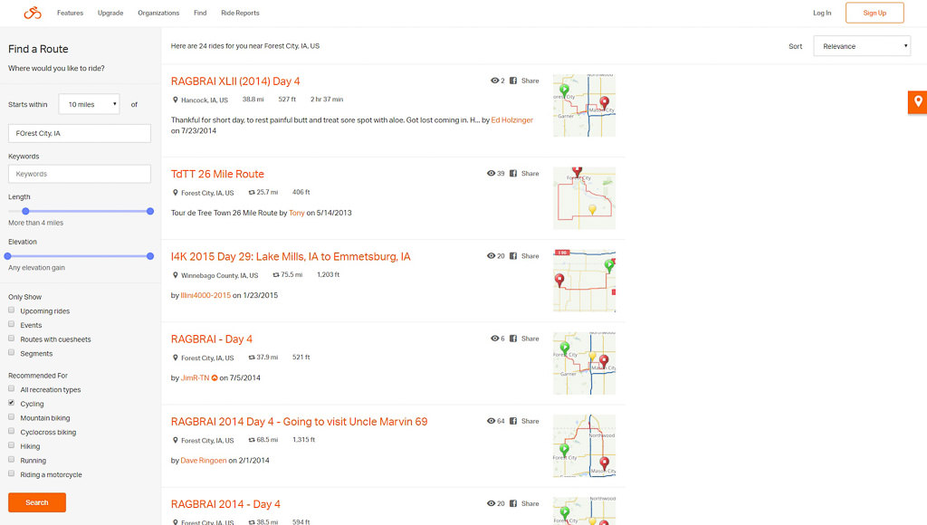 List of rides that start within 10 miles of Forest City, Iowa