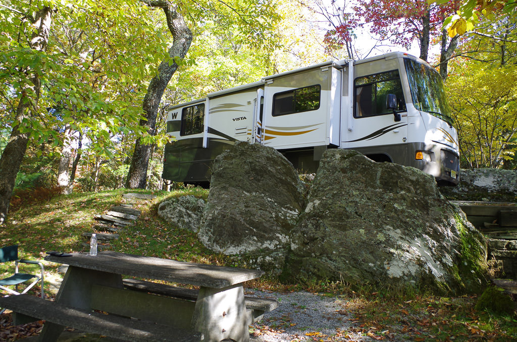 Winnebago Vista parked underneath the trees in Powhatan National Forest Campground