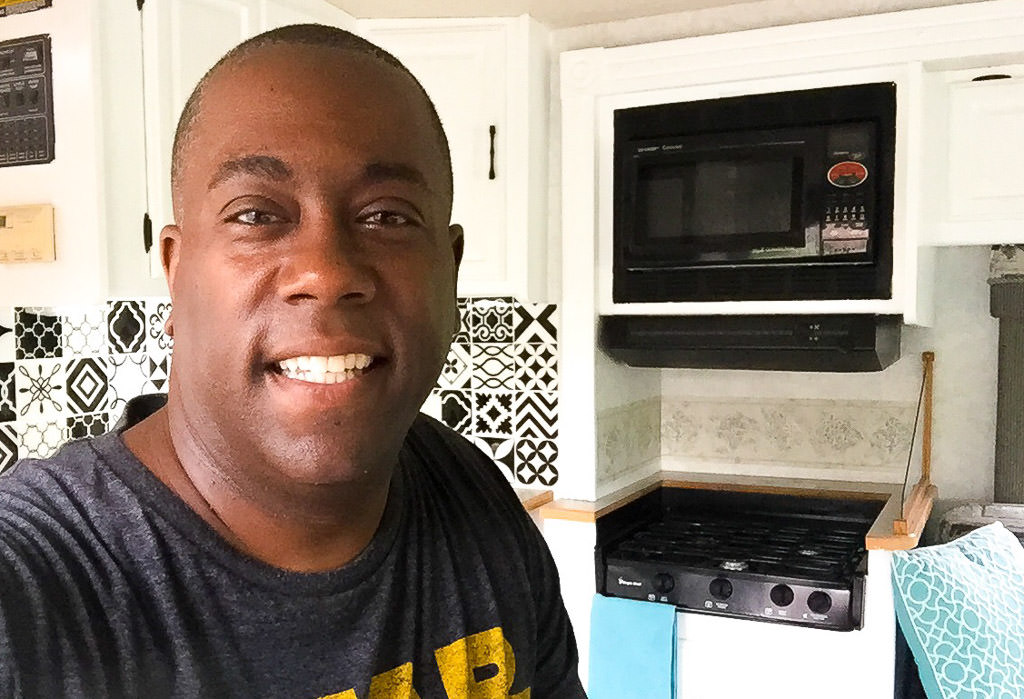 David taking selfie in RV kitchen